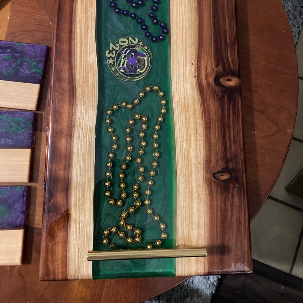 Handcrafted Wooden and Resin Serveware Set Mardi Gras style